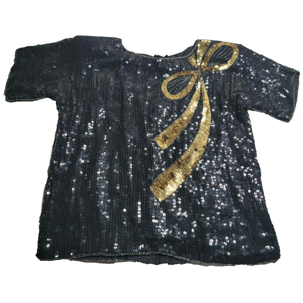 VINTAGE Joseph Le Bon Black and Gold Sequin Blouse 100%‎ Silk Women's Medium